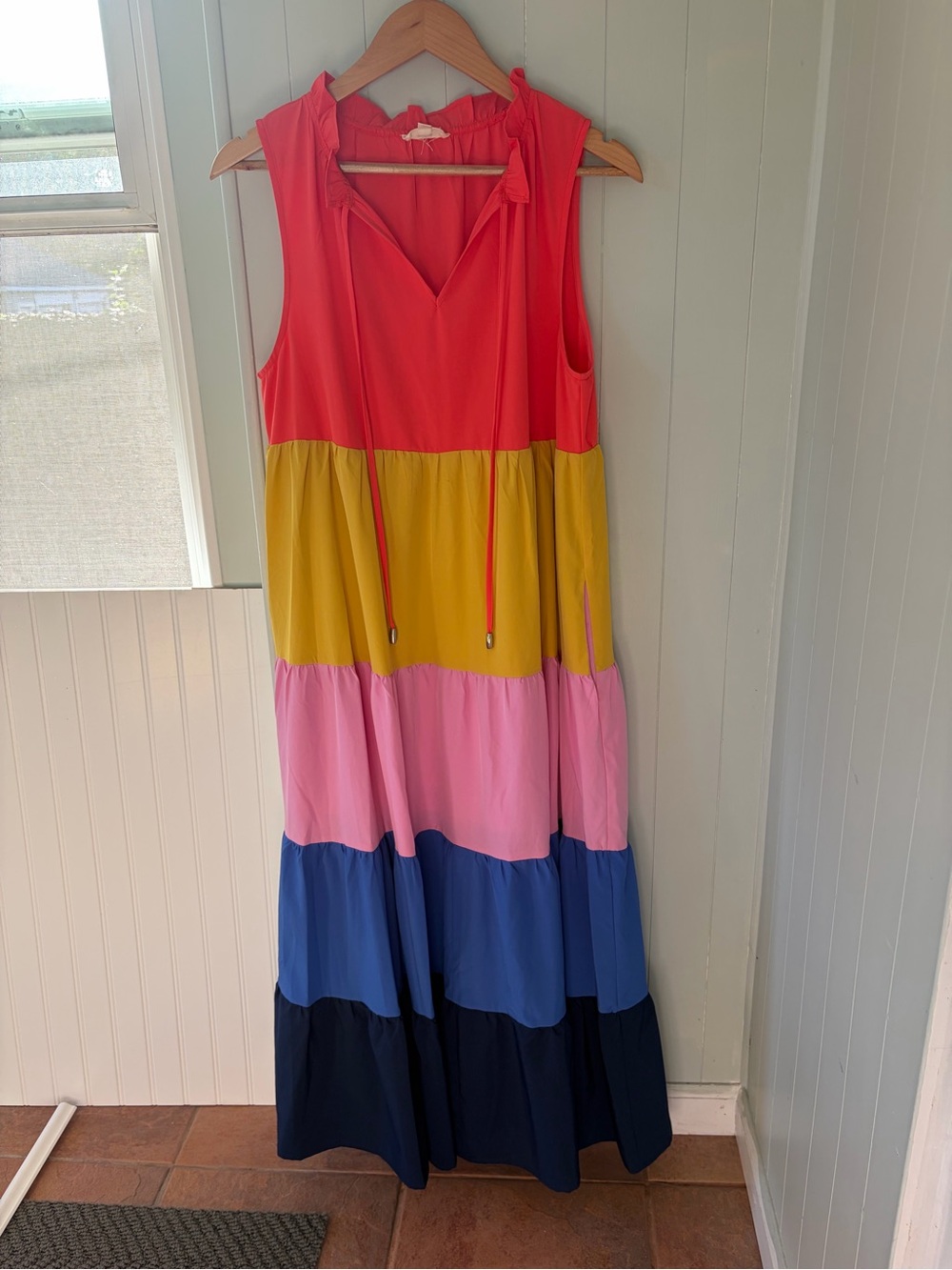 Entro Colorblock Tiered Maxi Dress in Coral, Yellow, Pink & Blue